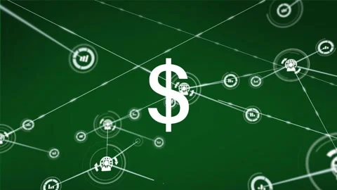 Animation of network of connections with icons over dollar symbol on green Stock Footage 330171690