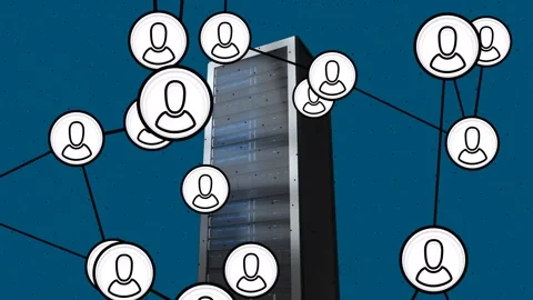 Animation of network of connections with icons over computer server Stock Footage 330402753