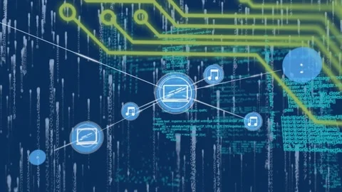 Animation of network of connections with icons over computer circuit board and Stock Footage 330412400