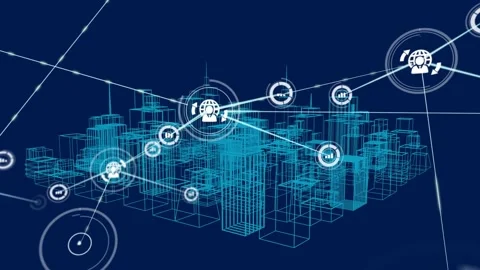 Animation of network of connections with icons over 3d architectural model Stock Footage 330466519