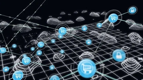 Animation of network of connections with icons over 3d digital landscape Stock Footage 330659112