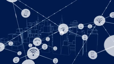 Animation of network of connections with icons over 3d architectural model Stock Footage 330731549