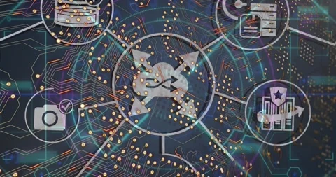 Animation of network of connections with icons over computer circuit board on Stock Footage 330731916