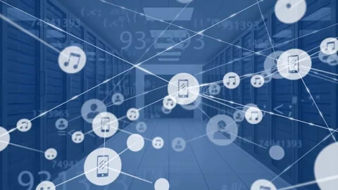 Animation of network of connections with icons over computer servers and data Video stock 331202864