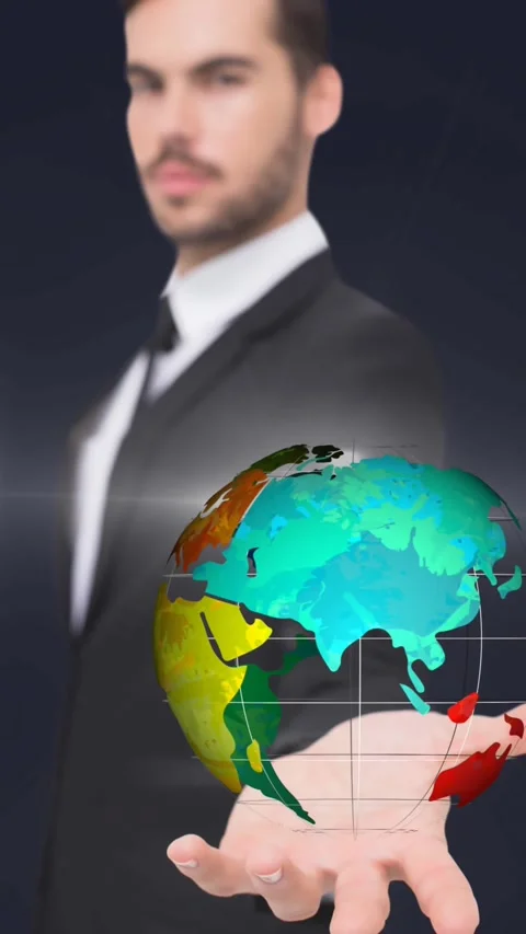 Animation of network of connections with icons over businessman holding globe Stock Footage 341658270
