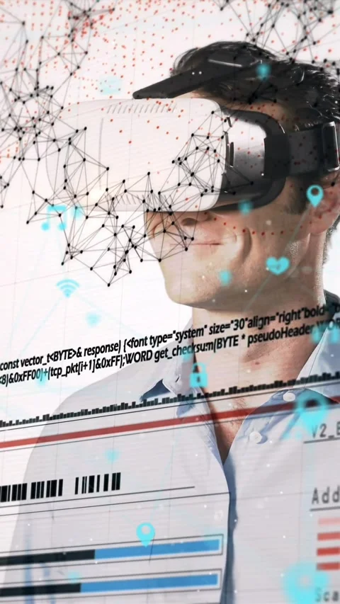 Animation of network of connections with icons over man wearing vr headset and Stock Footage 341920837