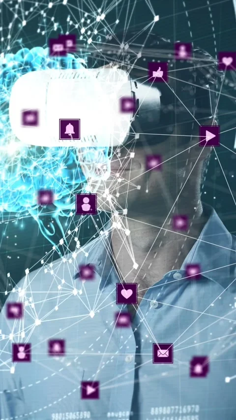 Animation of network of connections with icons over man wearing vr headset and Stock Footage 341920840