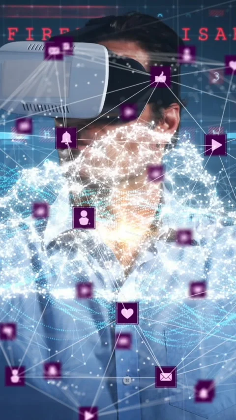Animation of network of connections with icons over man wearing vr headset and Stock Footage 341956155