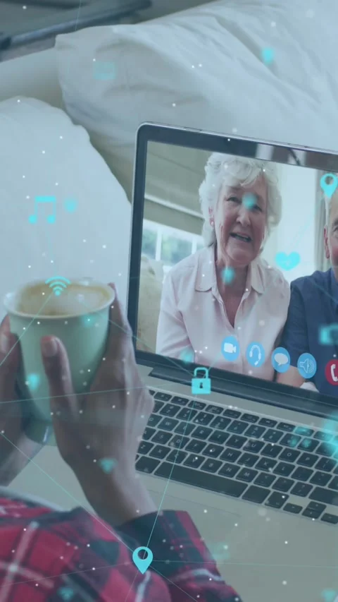 Animation of network of connections with icons over senior caucasian couple Vídeo Stock 341976795