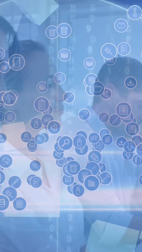 Animation of network of connections with icons over caucasian female doctor Stock Footage 342009484