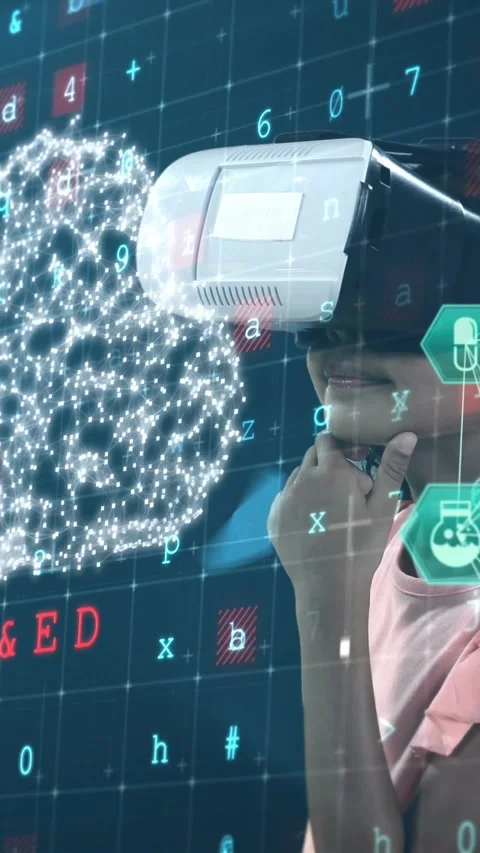 Animation of network of connections with icons over girl wearing vr headset and Stock Footage 342033719