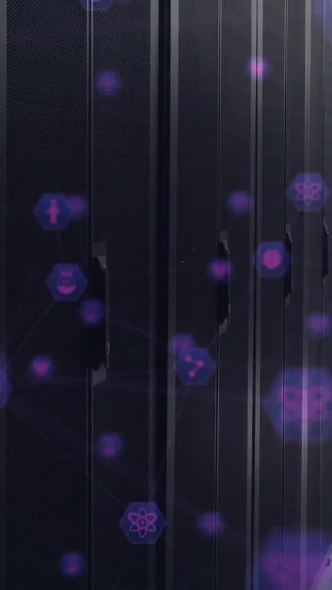 Animation of network of connections with icons over computer servers Stock Footage 342914576