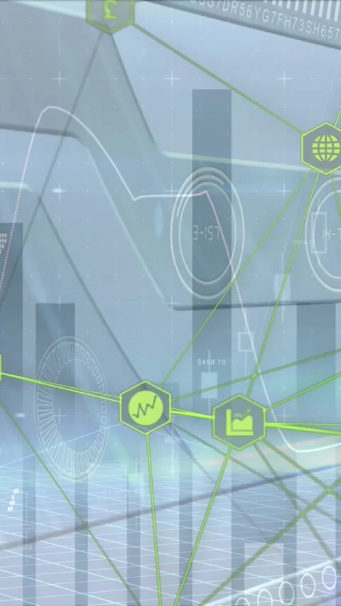 Animation of network of connections with icons over window Stock Footage 343128020