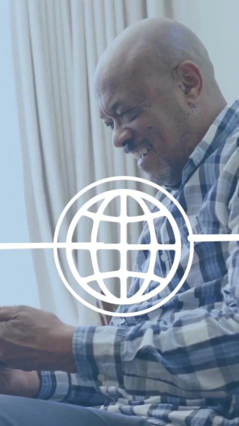 Animation of network of connections with icons over senior african american man Stock Footage 343610091