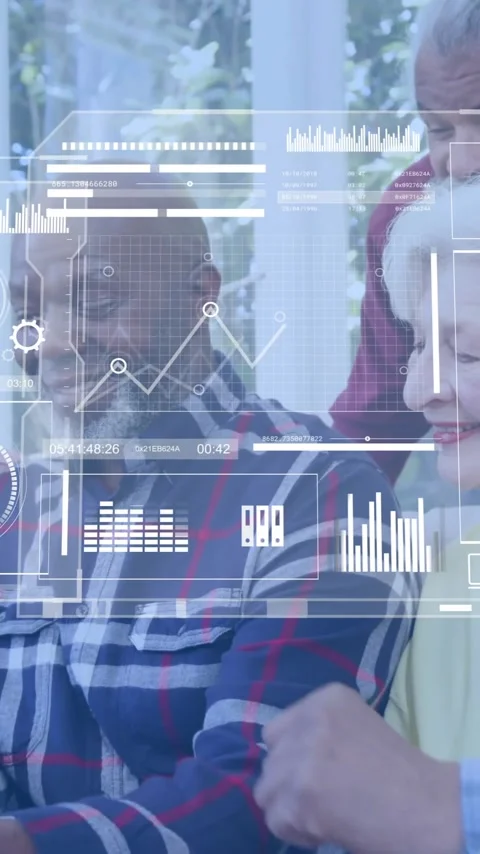 Animation of network of connections with icons over diverse senior friends using Stock Footage 343610094