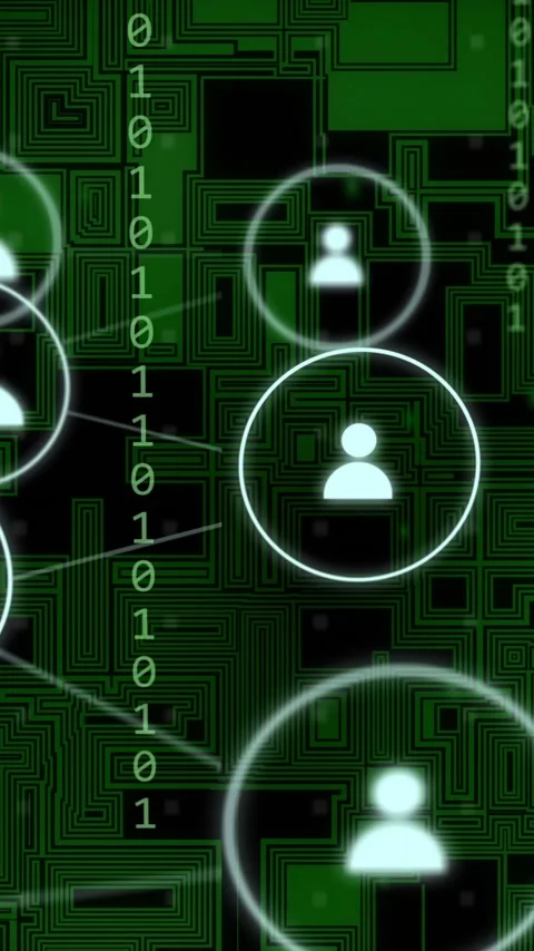Animation of network of connections with icons over binary coding Stock Footage 343641563