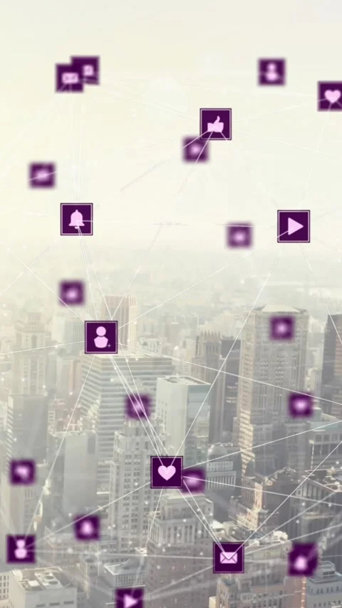 Animation of network of connections with icons over cityscape Stock Footage 344556371