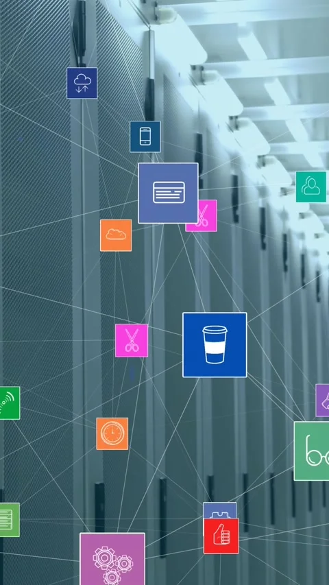 Animation of network of connections with icons over caucasian man in server room Stock Footage 344613792