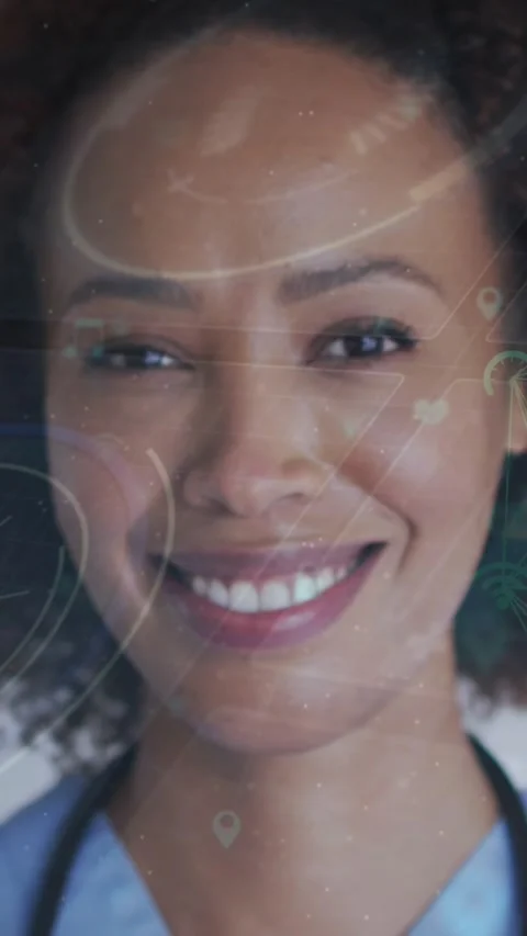 Animation of network of connections with icons over woman smiling at camera Stock Footage 344636829