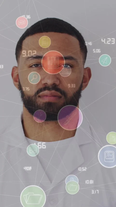 Animation of network of connections with icons over man smiling at camera Stock Footage 344693815