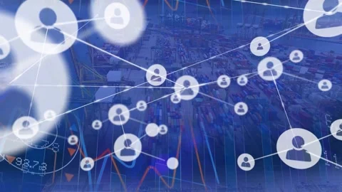 Animation of network of connections with icons, statistics over shipping yard Stock Footage 156955159