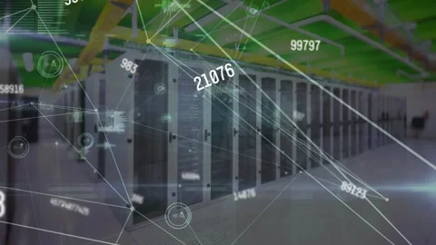 Animation of network of connections with numbers over computer servers Stock Footage 330248353