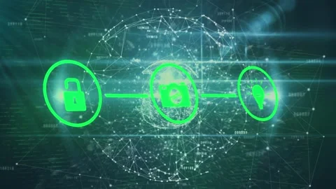 Animation of network of connections with online security padlock over dark Stock Footage 316407843