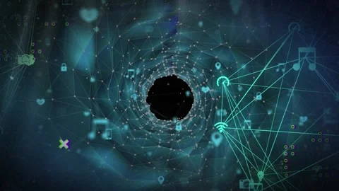 Animation of network of connections over 3d tunnel and icons Stock Footage 327902118