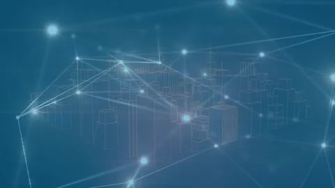 Animation of network of connections over 3d cityscape on blue background Stock Footage 329694652