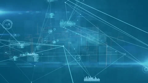 Animation of network of connections over 3d cityscape on blue background Stock Footage 330727921
