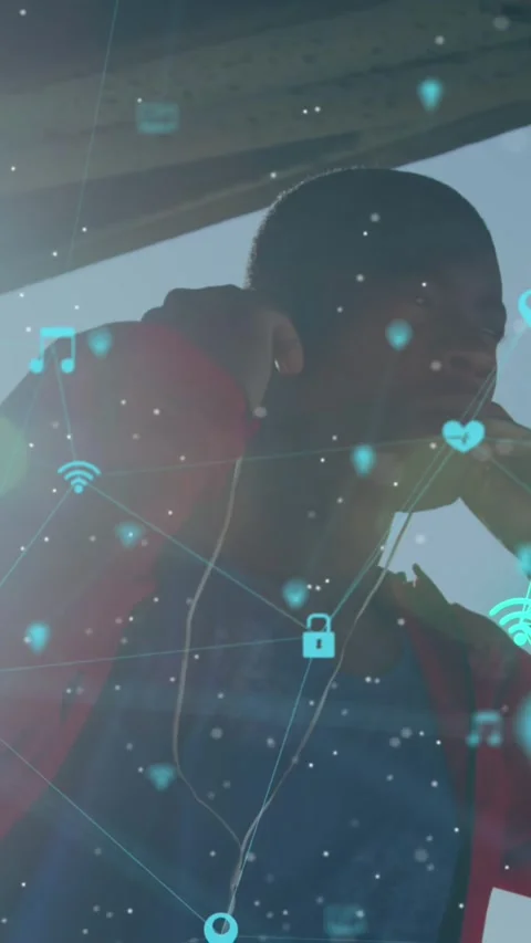 Animation of network of connections over african american man exercising in sun Stock Footage 324023384