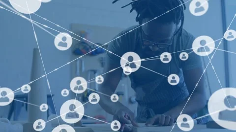 Animation of network of connections over african american architect in office Stock Footage 327122063