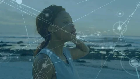 Animation of network of connections over african american woman running Stock Footage 327847251