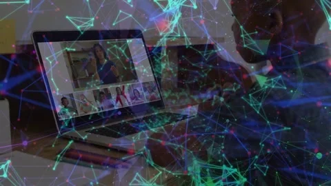 Animation of network of connections over african american schoolboy having Stock Footage 328086925