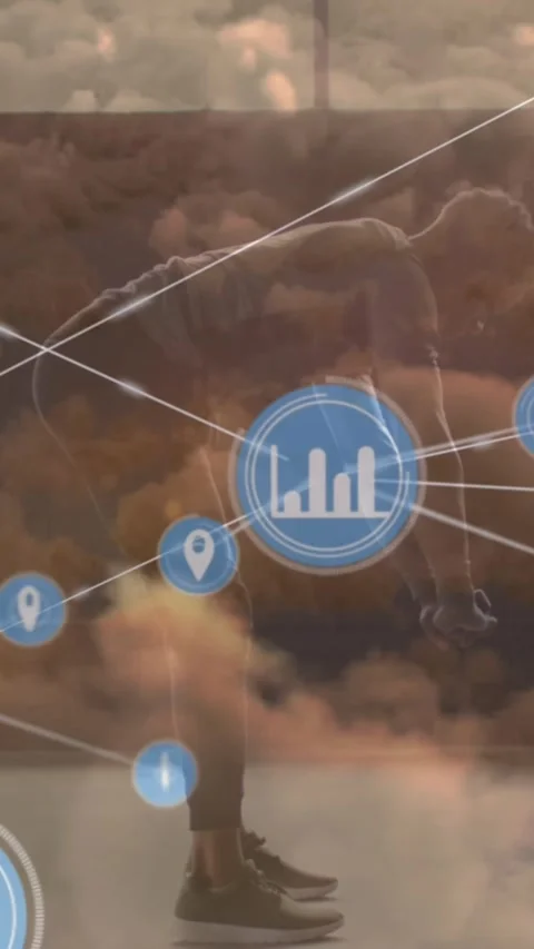 Animation of network of connections over african american man exercising and Stock Footage 343738505