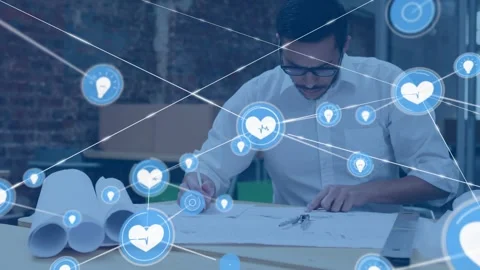 Animation of network of connections over architect in office Stock Footage 327963898