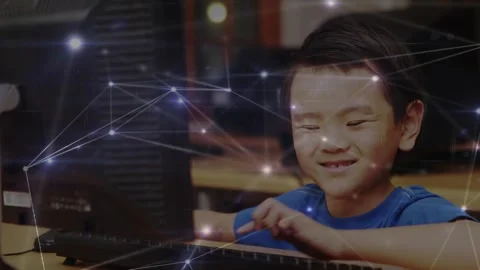 Animation of network of connections over asian pupil using computer Stock Footage 328455538
