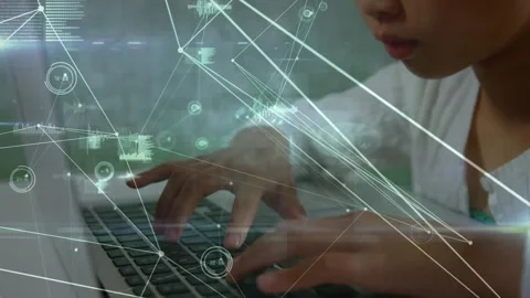 Animation of network of connections over asian schoolgirl using computer Stock Footage 330468459