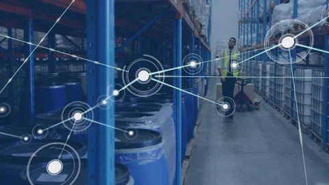Animation of network of connections over biracial male worker in warehouse Stock Footage 307984683