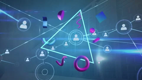 Animation of network of connections over blue light triangle and abstract shapes Stock Footage 328145773