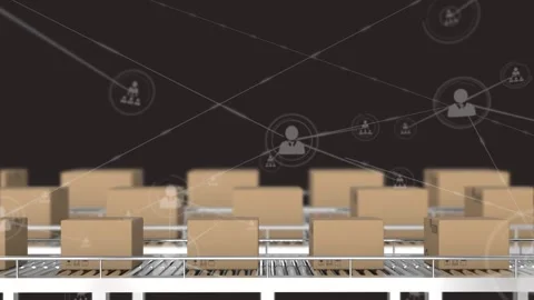 Animation of network of connections over boxes on conveyor belt Stock Footage 326098549