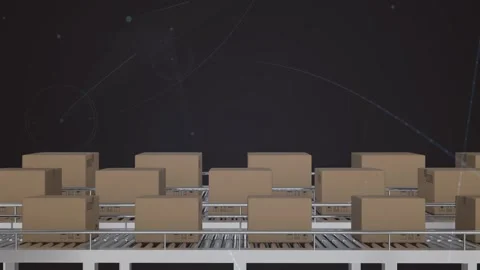 Animation of network of connections over boxes on conveyor belt Stock Footage 327643923