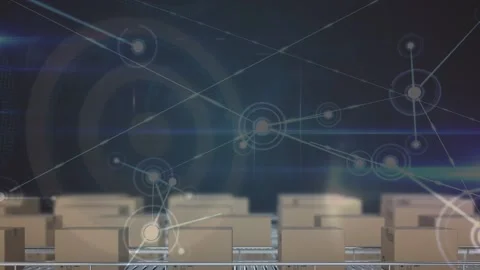 Animation of network of connections over boxes on conveyor belt Stock Footage 328006516