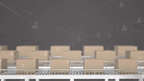 Animation of network of connections over boxes on conveyor belt Stock Footage 328009497