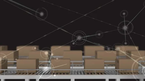 Animation of network of connections over boxes on conveyor belt Stock Footage 328506461