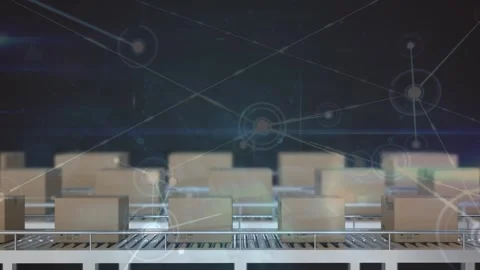 Animation of network of connections over boxes on conveyor belt Stock Footage 329774647