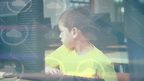 Animation of network of connections over boy using computer at school Stock Footage 328004640