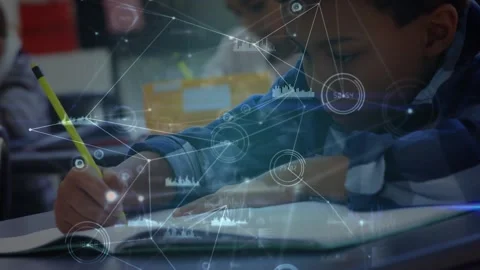 Animation of network of connections over boy writing in notebook at school Stock Footage 330466554