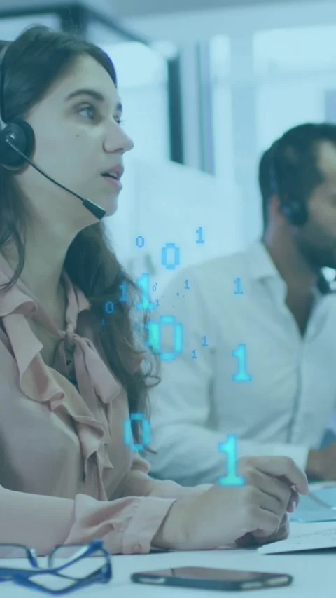 Animation of network of connections over business people wearing phone headsets Stock Footage 343779532