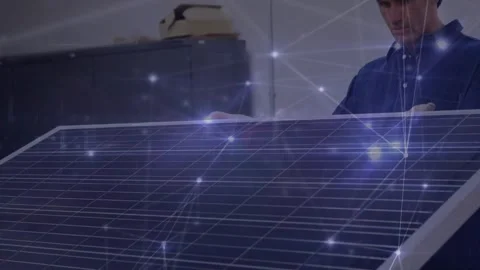 Animation of network of connections over caucasian engineer by solar panel Stock Footage 325964204